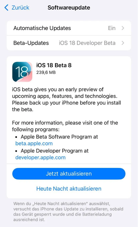 铜山苹果手机维修分享苹果 iOS / iPadOS 18 开发者预览版 Beta 8 发布 